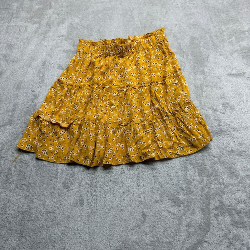 Liv & Lottie Skirt Womens Medium Yellow Floral Tiered Ruffle Mini Paperbag Waist